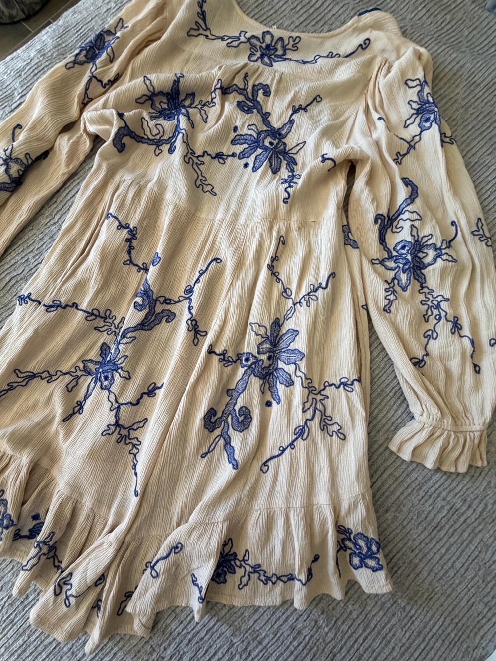 Free People Cream Mini Dress with Blue Floral Embroidery